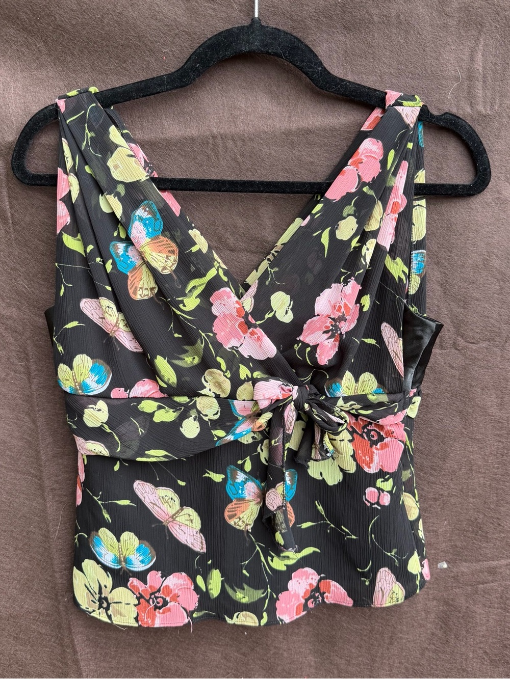 Y2K Floral V-Neck Tie-Front Tank Top - Black with Pastel Blooms